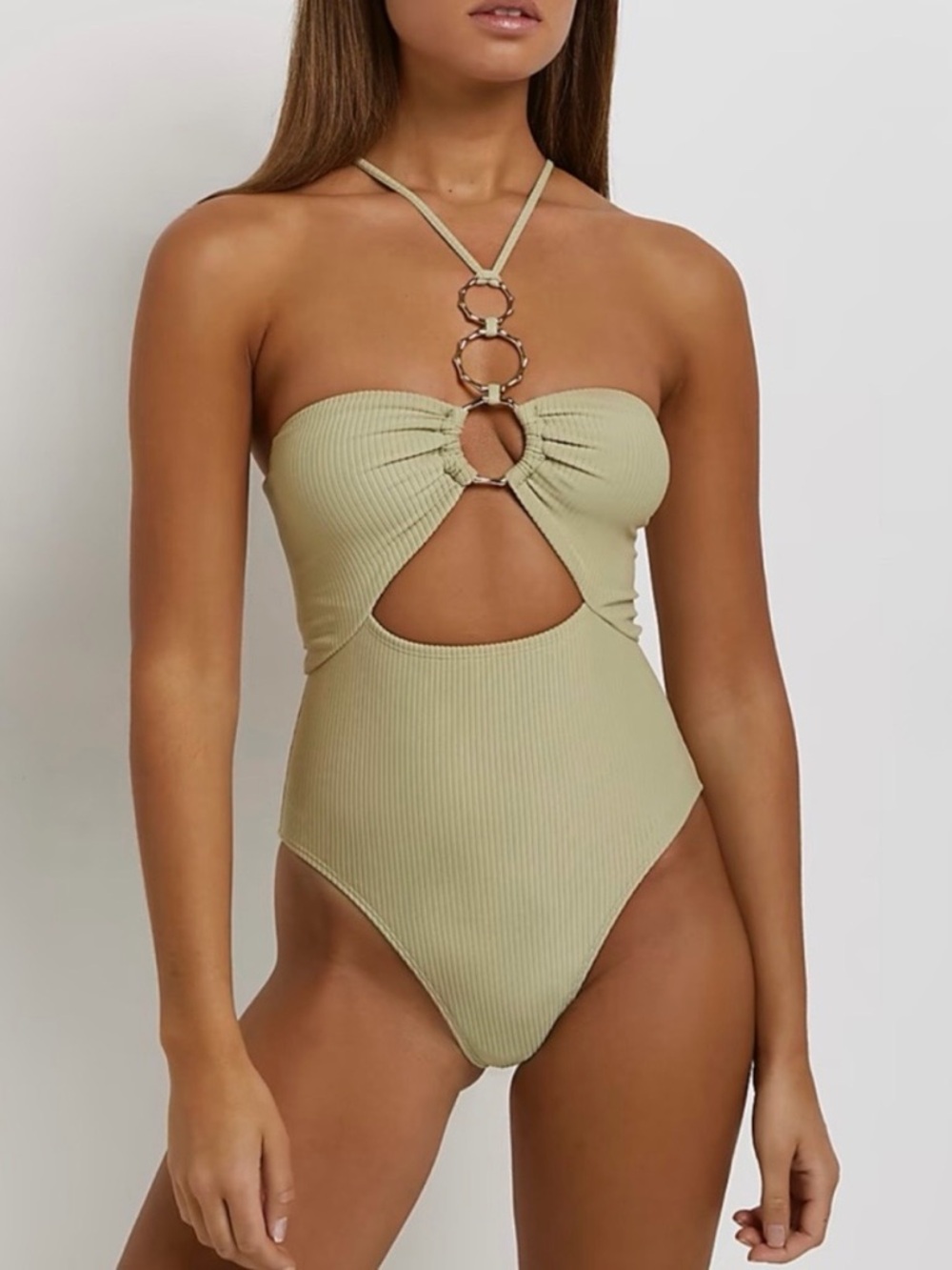 River Island Olive Green Cut-Out One Piece Swimsuit with Ring Detail